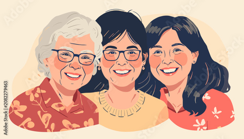Foto Illustration of three smiling women of different generations, possibly family, depicted in a warm, friendly style