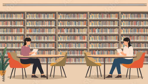 Fotografía Two women reading books at separate tables in a quiet library with extensive bookshelves filled with various titles