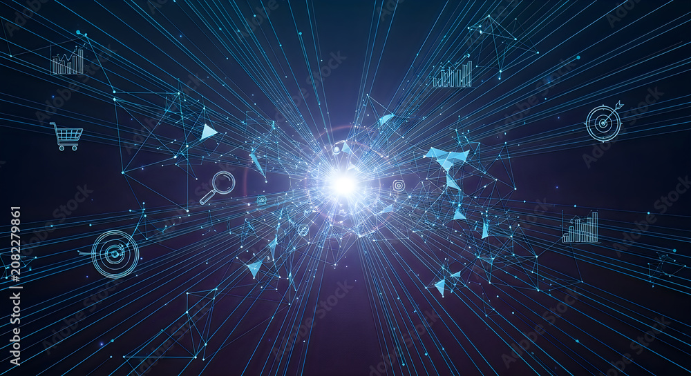Fototapeta premium Abstract data stream visualization with business icons analytics e commerce and target focus