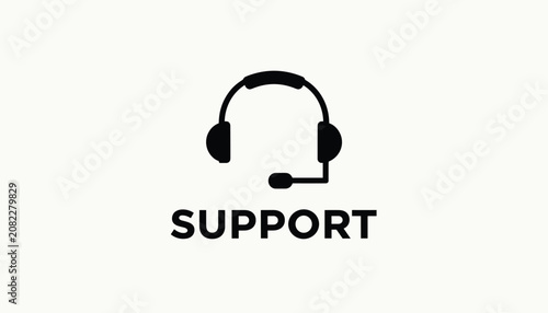 Black headset with microphone icon above the word support represents customer service or call center.