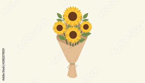 Beautiful bouquet of four bright yellow sunflowers wrapped in brown kraft paper on a light beige background.