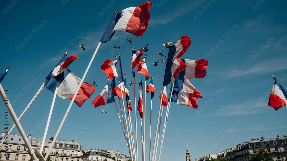 Fototapeta premium Red and white flags waving in clear blue sky