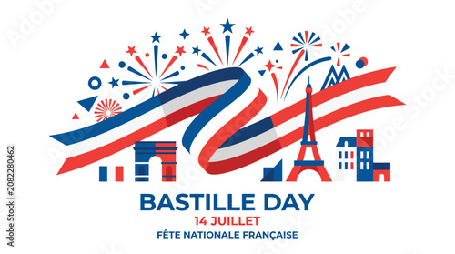 Foto Celebrating Bastille Day in France with a flowing tricolor ribbon banner and ico
