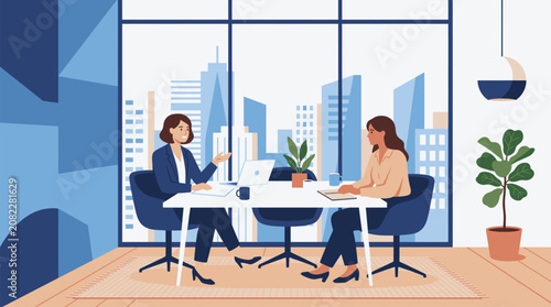 Two businesswomen in a meeting at a desk with city view through window discussing ideas and planning with laptop and papers.