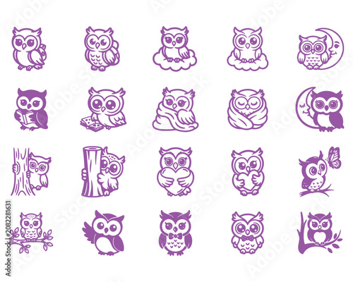 Cute Owl Cartoon Character Icon Set