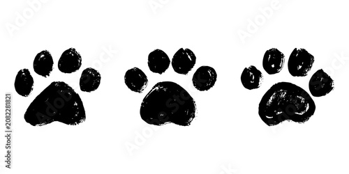 Photography Set of three hand painted black ink animal paw prints isolated on a clean white