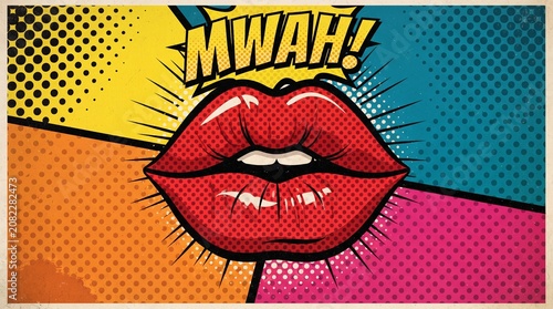 Pop Art Red Lips Mid-Kiss Illustration, Comic Book Halftone Dots and Bold Retro Poster Design