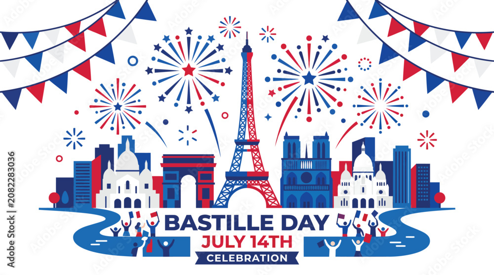 Obraz premium Vector illustration celebrating Bastille Day in Paris featuring the iconic Eiffel Tower and famous landmarks under a bright display of colorful fireworks in red white and blue graphic style.
