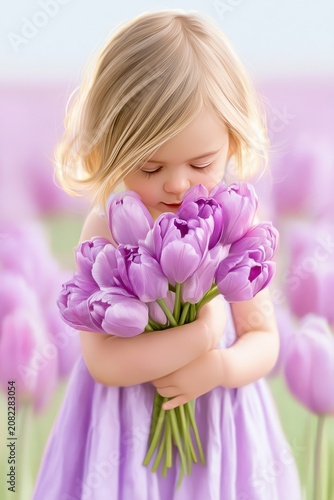 Cute illustrated little girl with blonde hair holding a bouquet of purple tulips, surrounded by a field of blooming tulips in soft pastel colors