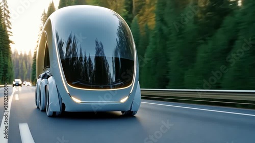 Futuristic autonomous vehicle on highway through forested landscape