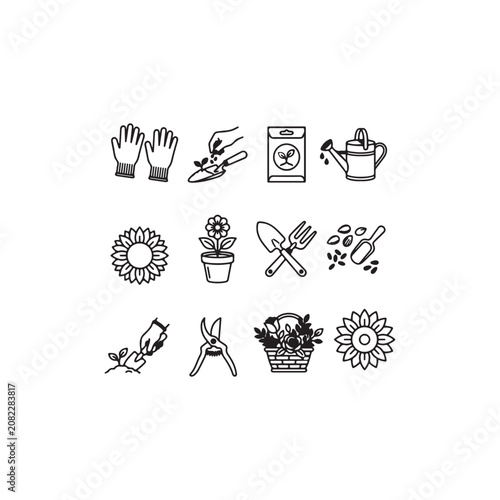 Gardening tools and plant care equipment icons in a thin line style.