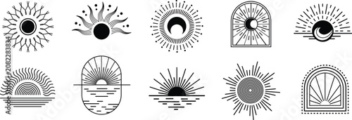Minimal black sun and sunrise icon set in boho line art style. Celestial ray, arch, horizon, and moon symbols suit logo and tattoo design. Clean outline vector collection ideal for branding 