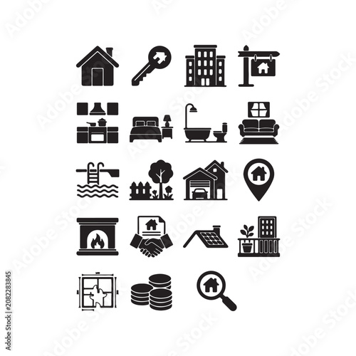 Real estate and residential property icons for housing and home sale.