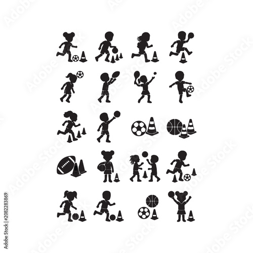 Collection of kids playing sports and activity icons in black silhouettes.