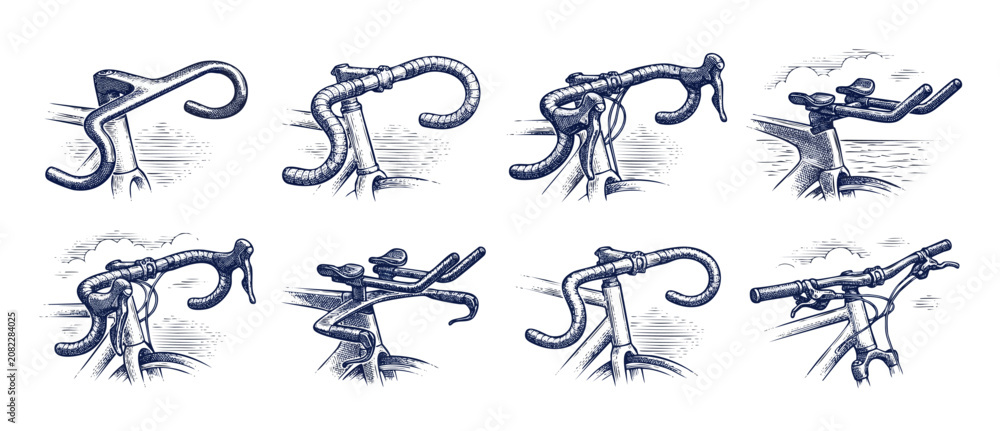 Fototapeta premium Bicycle handlebars set vintage engraving illustration of road bike drop bar, time trial aerobars, and mountain bike flat bar components on white background. Retro ink vector style sketch clip art set.