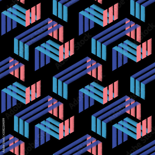 Creative optical illusion geometric wallpaper with vibrant blue and pink shapes. Template for Pattern, textile, Gift wrapping paper, and etc.