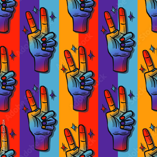 Groovy hippie style seamless pattern background with colorful peace hands. Template for Pattern, textile, Gift wrapping paper, and etc.