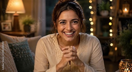 Portrait of an excited young Indian woman with clasped hands looking at the camera in a cozy, festive room illuminated by warm string lights.