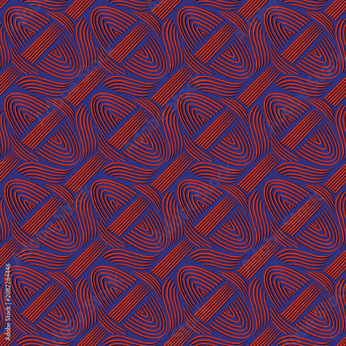 Seamless geometric pattern with red curved and straight lines on blue background. Template for Pattern, textile, Gift wrapping paper, and etc.
