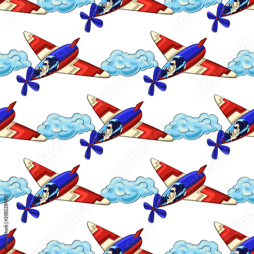Cute airplane seamless pattern with clouds for kids fabric and nursery wallpaper design on isolated transparent background.