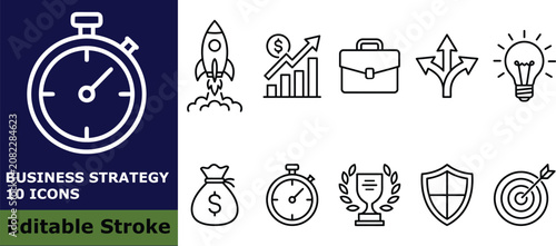 Business strategy and startup icon set, 10 vector outline pictograms of growth, success, finance, and management symbols for professional business design
