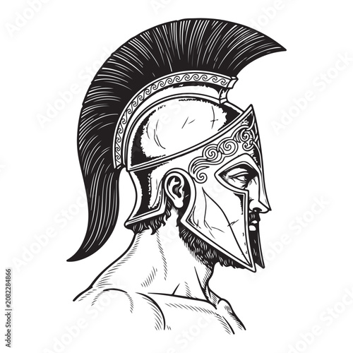 Spartan warrior head profile with crested Corinthian helmet and beard in black and white line art vector style