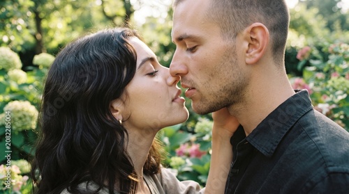 Close-Up of Couple's Lips Almost Touching, Soft Natural Light, Blurred Garden Background, Tender Intimate Romantic Photo