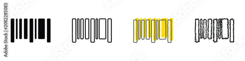 A set of four distinct barcode representations, including solid black, outline, sketched yellow, and textured styles, presented together