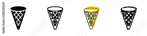 A set of four stylized illustrations representing empty ice cream cones, each with a unique artistic interpretation and texture
