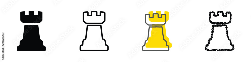 Fototapeta premium A set of four distinct chess rook icons, showcasing solid black, outline, yellow fill, and a textured sketch design
