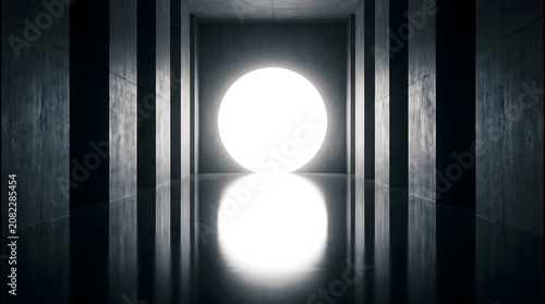 Light at the end of the tunnel, dark minimalist corridor leading to glowing portal