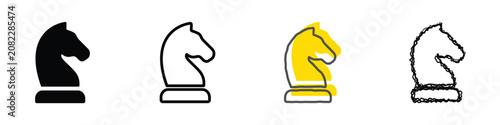 Four distinct representations of a chess knight piece, showcasing different artistic interpretations from solid black to sketchy outlines