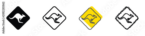 Foto A compilation of four distinct kangaroo crossing signs, showcasing different art