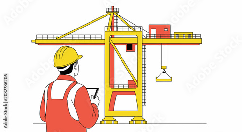 Construction worker with tablet overseeing large yellow and red industrial crane