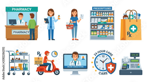 Pharmacy services and healthcare icons including consultation delivery and shopping