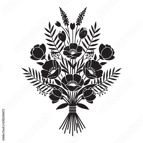 Flower bouquet silhouette vector with poppies tulips and leaves for decorative floral design and wedding invitation