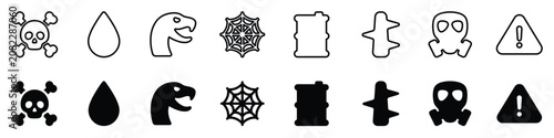 Foto A set of eight distinct icons representing hazards, including a skull and crossb