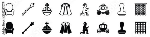 Schilderij op canvas A set of line art and silhouette icons depicting royal regalia, a carriage, and