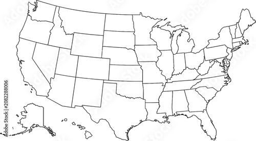 United States Map with Outlined States and Simple Borders in Clean Black Line Art Vector Style Featuring Unitedstates, Outline