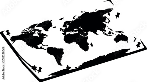 Map of World Continents Icon with Black Silhouettes and Directional Arrow Sign for Navigation Concept