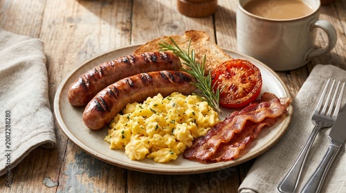 Delicious breakfast plate with sausages eggs bacon and toast on rustic wooden table