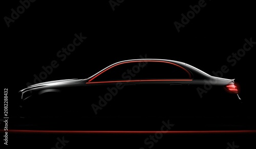 Sleek black sports car with red neon outline on a dark background