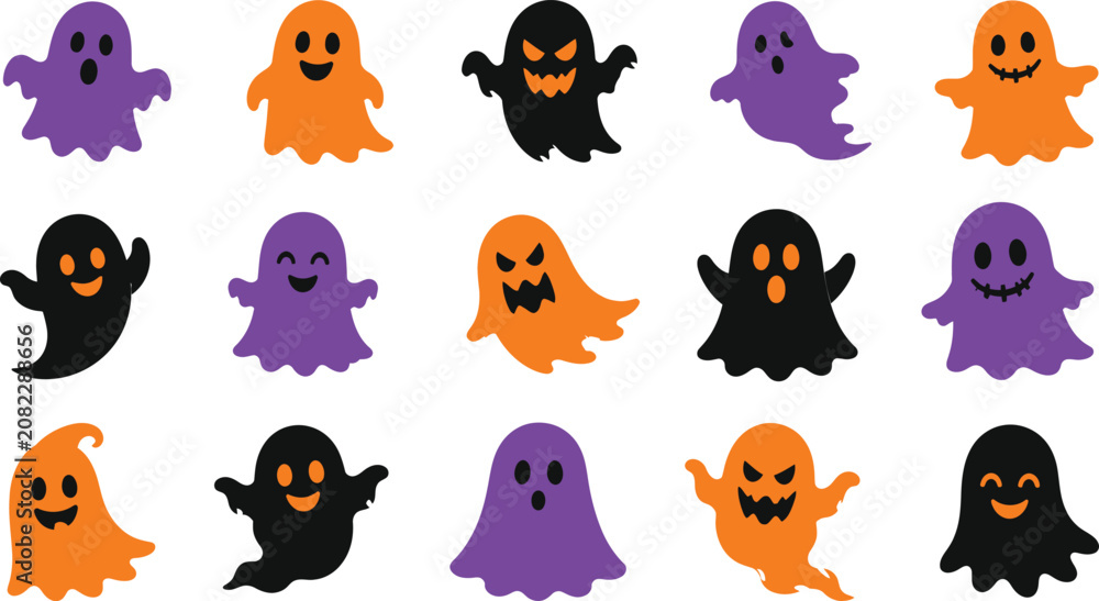 Fototapeta premium Cute Halloween ghost character set chubby cartoon phantom expression collection purple orange holiday sticker graphic element