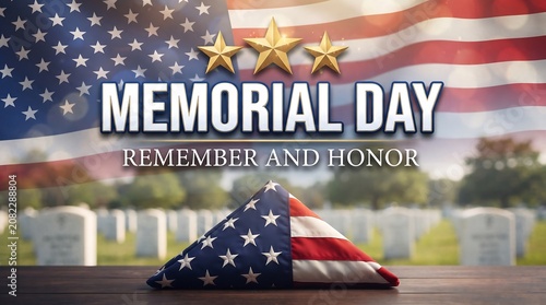 Memorial Day Tribute With American Flag Folded On Grave In Cemetery