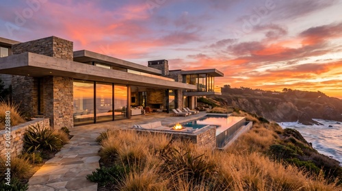 Modern Luxury Coastal Home Sunset View Over Ocean Cliff Edge