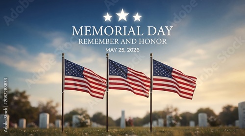 Three American Flags Flying Memorial Day Remember Honor Cemetery Scene