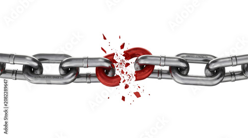 Canvas Print Steel chain breaking apart at a shattering red link labeled weak point isolated