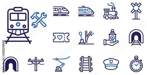 Tableau sur toile Train and railway line icon set featuring locomotive subway tunnel ticket track