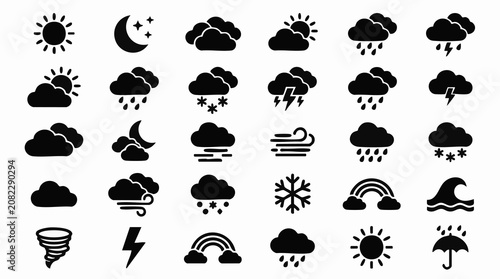 Obraz na płótnie Weather forecast icons set, meteorology symbols for various conditions