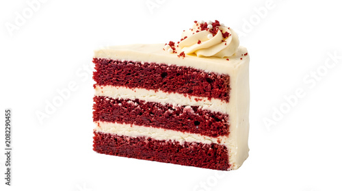 Konstfotografi Layered red velvet cake slice with cream cheese frosting and a swirled piped top